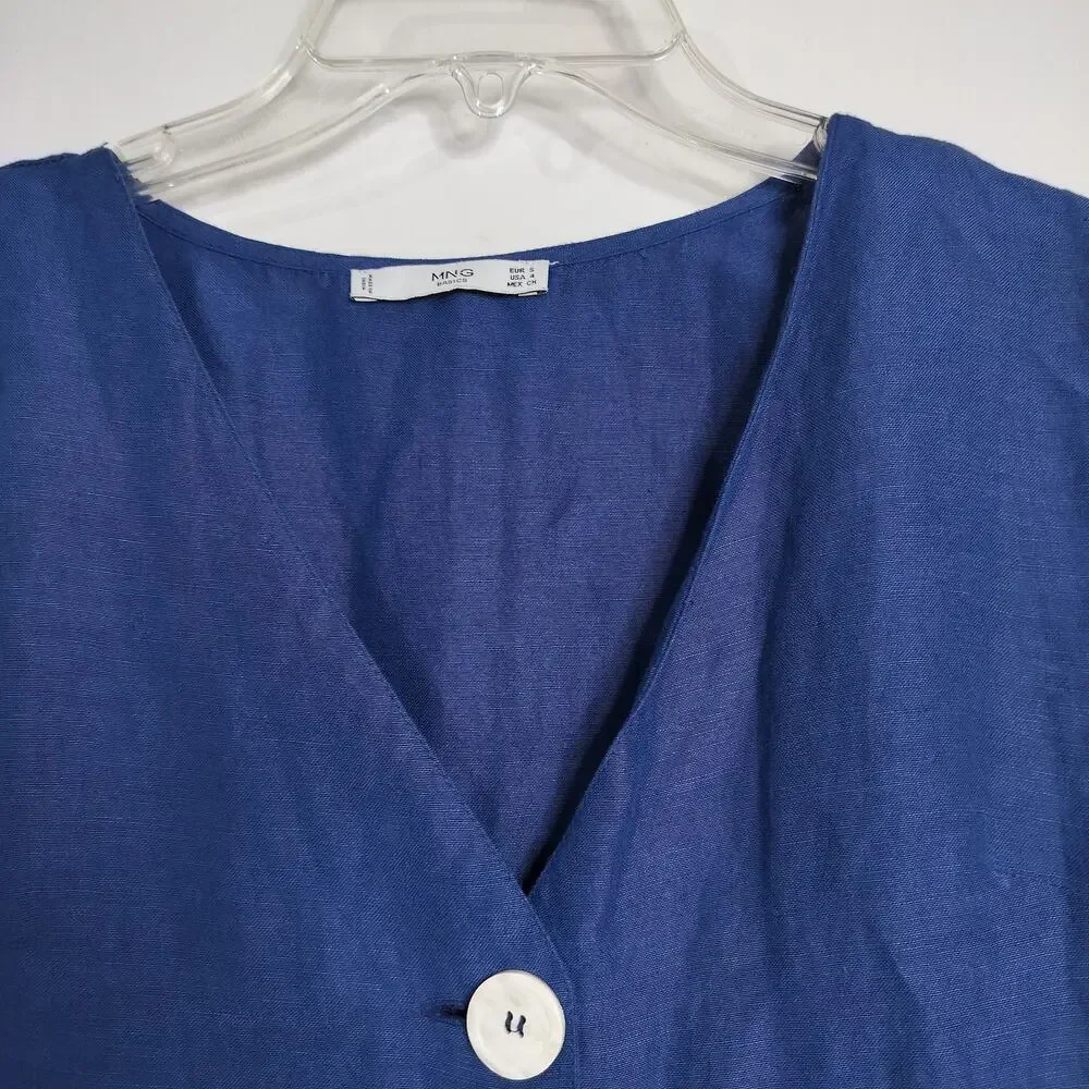 5049) Mango Blue Linen Blend V Neck Button Up Summer Beach Romper Small